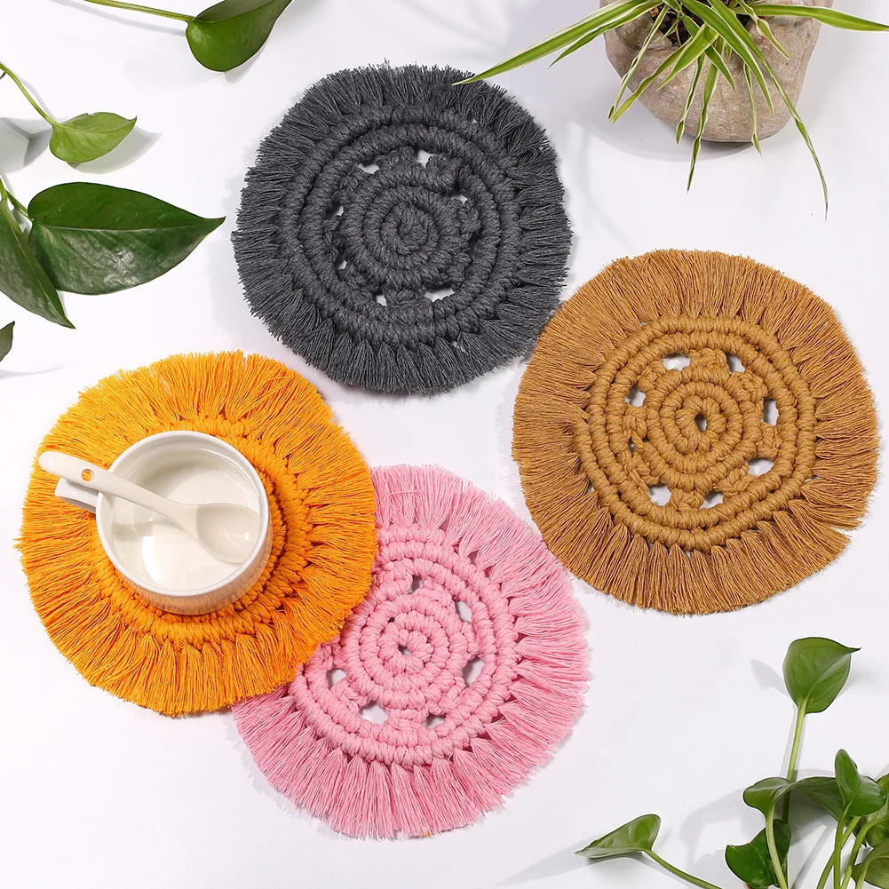 

Хлопковая плетеная посуда potholder coaster в скандинавском стиле с круглыми кисточками, простое и модное украшение для чайной подушки