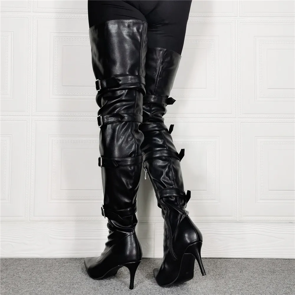 Fetish Stripper Thigh High Boots Women Buckle Belt Strap Platform High Heels Polar Dancer Motorcycle Boots Overknee Shoes