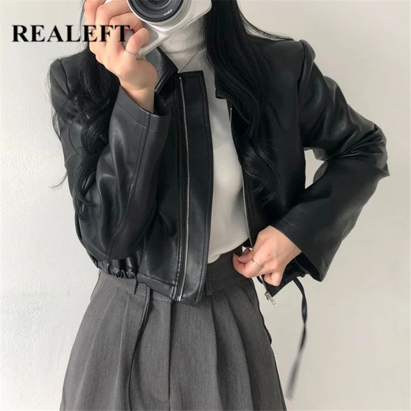 

REALEFT Autumn Winter PU Faux Leather Women's Jacket 2021 New Zipper Loose Biker Short Jackets Loose Coats Female Outwear Tops