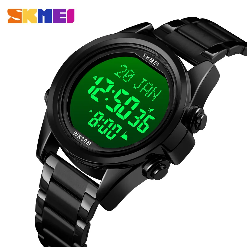 Muslim Azan Clock Watch for Prayer with Qibla Compass Adhan Alarm Hijri Calendar Islamic Al Harameen Watch Men SKMEI 2020