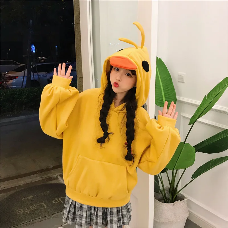 Autumn and winter 2020 new Japanese soft girl lovely Lantern Sleeve kangaroo pocket loose little yellow duck hooded Plush sweate