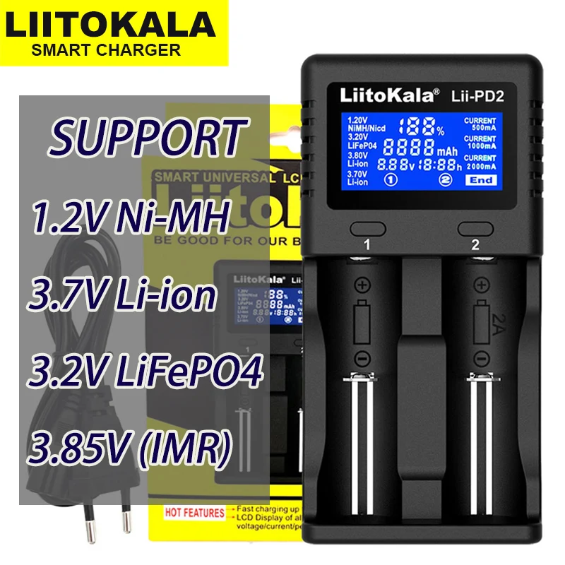 

LiitokalaLii-PD2 Lii-PD4 18650 3,7 В литий-ионное зарядное устройство 1,2 В NiMH 3,2 В LiFePO4 21700 18350 18500 AAA 3,85 В cargador 26650 аккумулятор