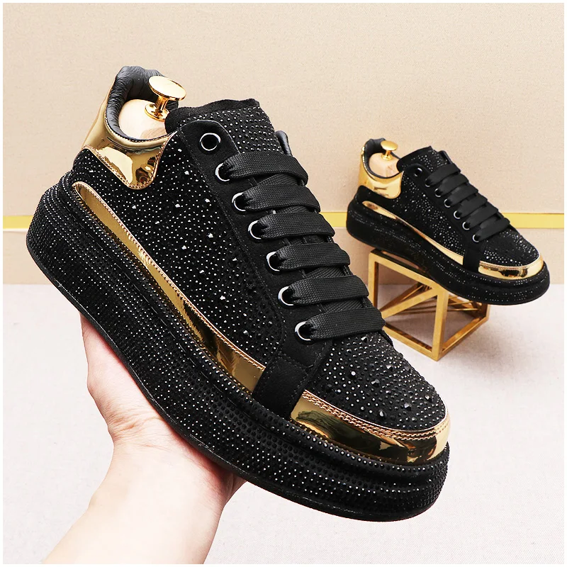 men luxury fashion party nightclub dress platform shoes genuine leather rivets shoe personality black rhinestone sneakers zapato