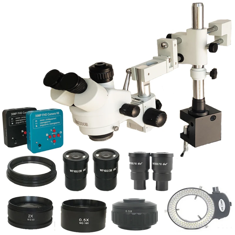 3.5X-180X Simul Focal Trinocular Double Arm Clamp Microscope+38MP 2K HD USB Video Camera+144 Led Lights Phone Repair Tools Kit