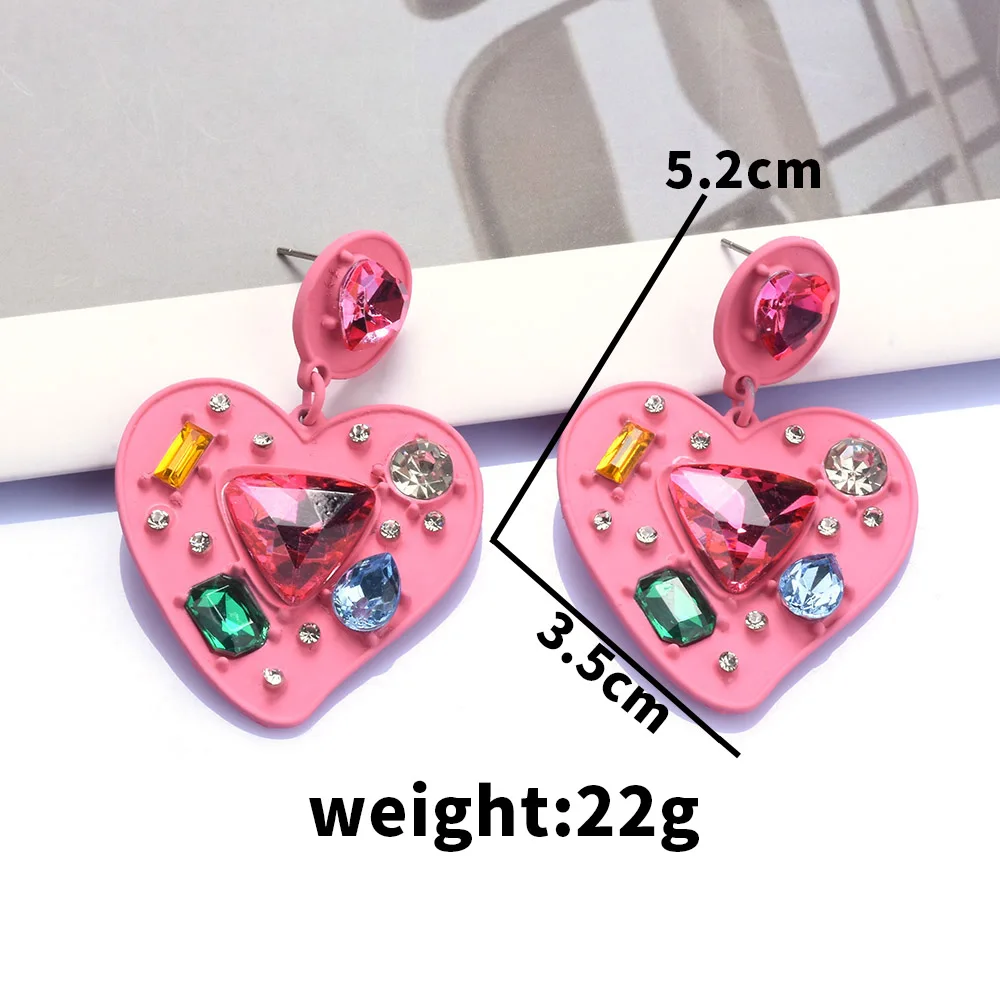 2024 New ZA Fashion Enamel Pink Heart Shape Metal Earrings Women Luxury Crystal Rhinestone Indian Statement Earrings Jewelry