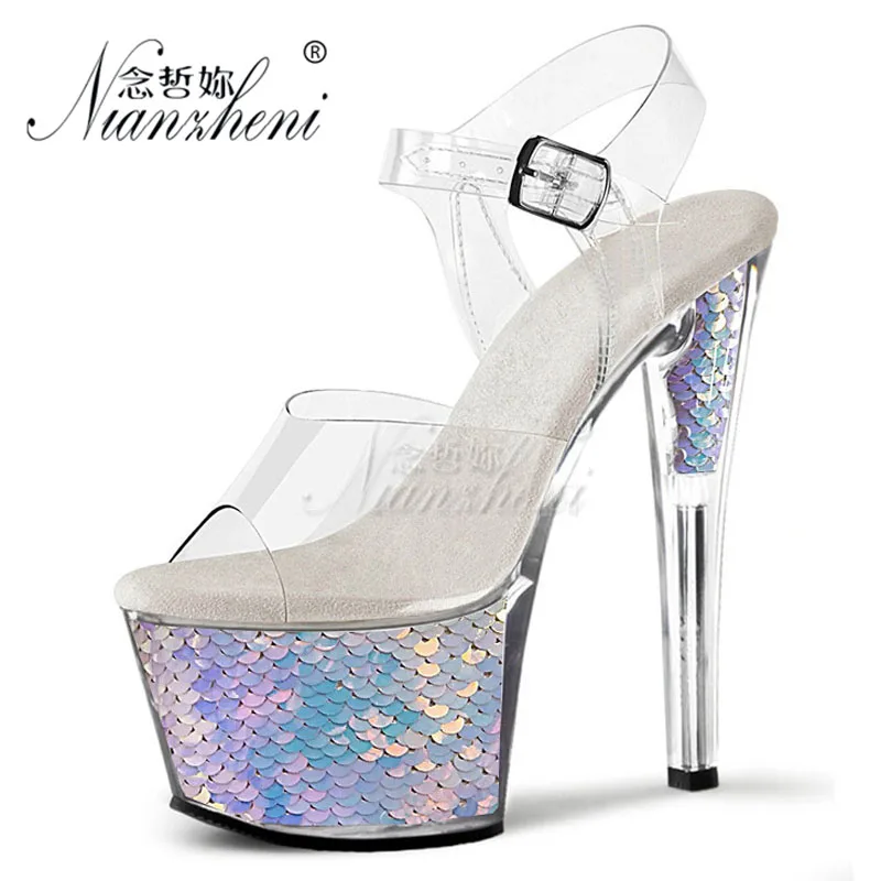 7Inch Super Laser Bling  Platform 20CM Stiletto Heels Nightclub Thick Pole Dance New bride wedding shoes crystal sandals Clear