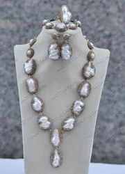 Z11746 Set Luxury 33mm White Baroque Pearl CZ Necklace Pendant Bracelet Earring Ring