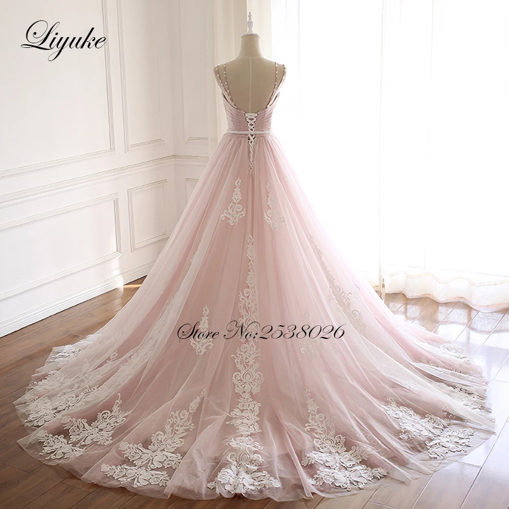 Liyuke Naked Pink A Line Wedding Dress With Pleated Tulle Gorgeous Lace Bridal Dress Rhinestones