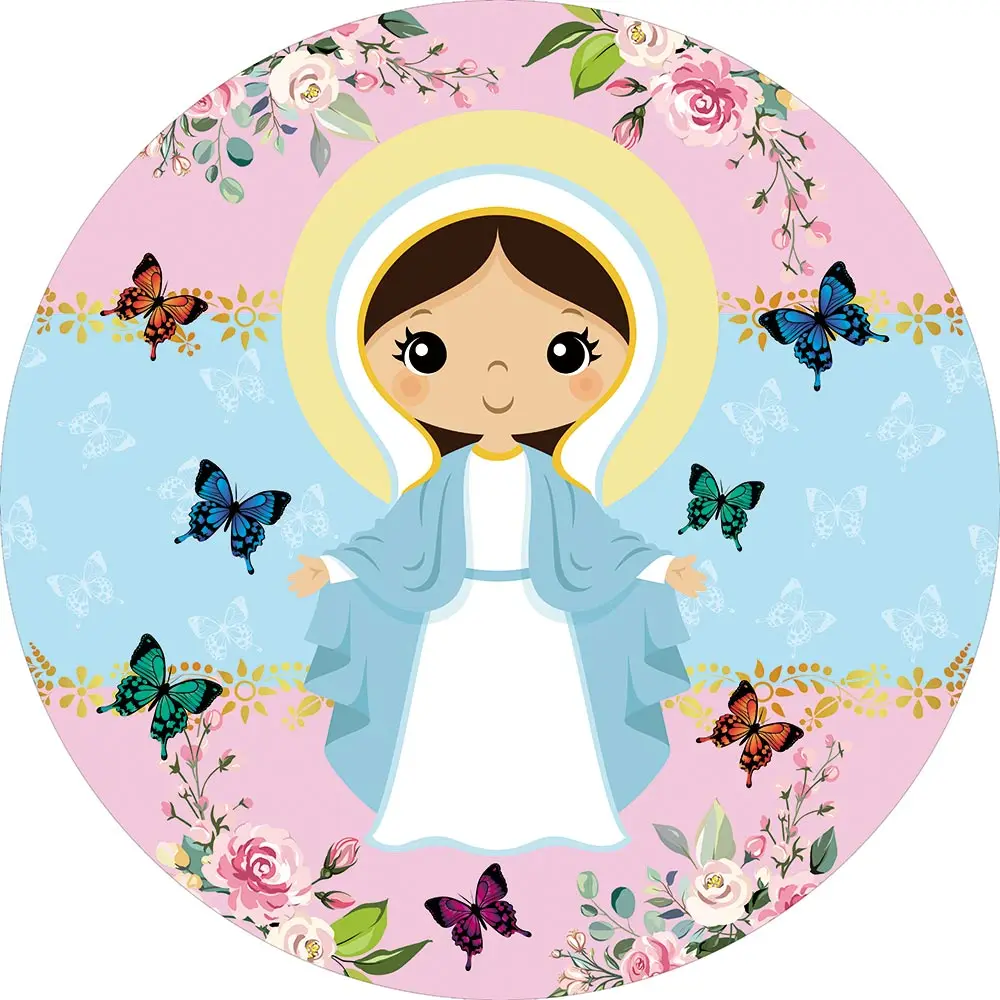 Allenjoy Child Holy Communion Round Backdrop Baby Shower Baptism Floral Butterfly Tablecloth Cute Virgin Mary Background Decor