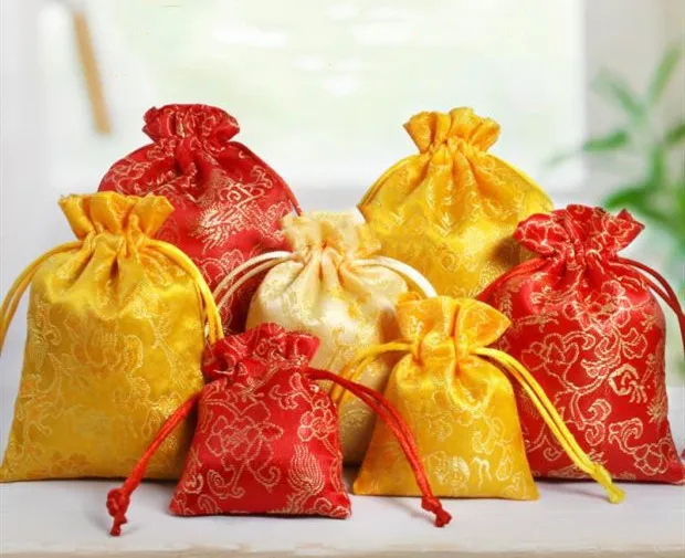 50pcs Chinese Dragon Small Christmas Wedding Party Candy Gift Bag Drawstring Silk Brocade Jewelry Pouches 3 size