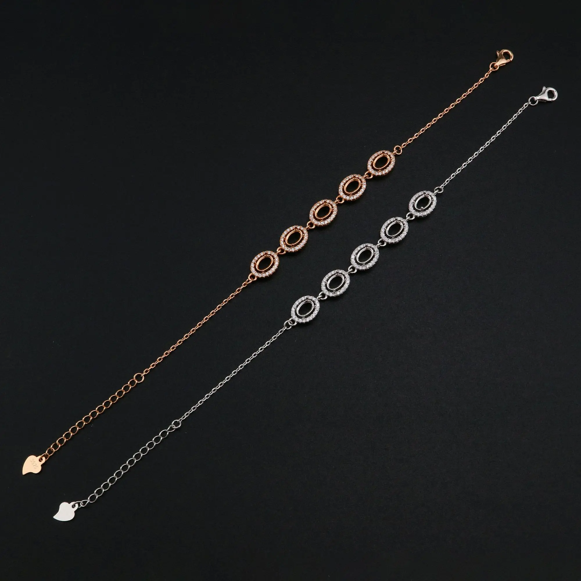 4x6MM Oval Prong Bracelet Settings Halo Rose Gold Plated Solid 925 Sterling Silver Bracelet Bezel with 6''+1.6'' Chain 1900265