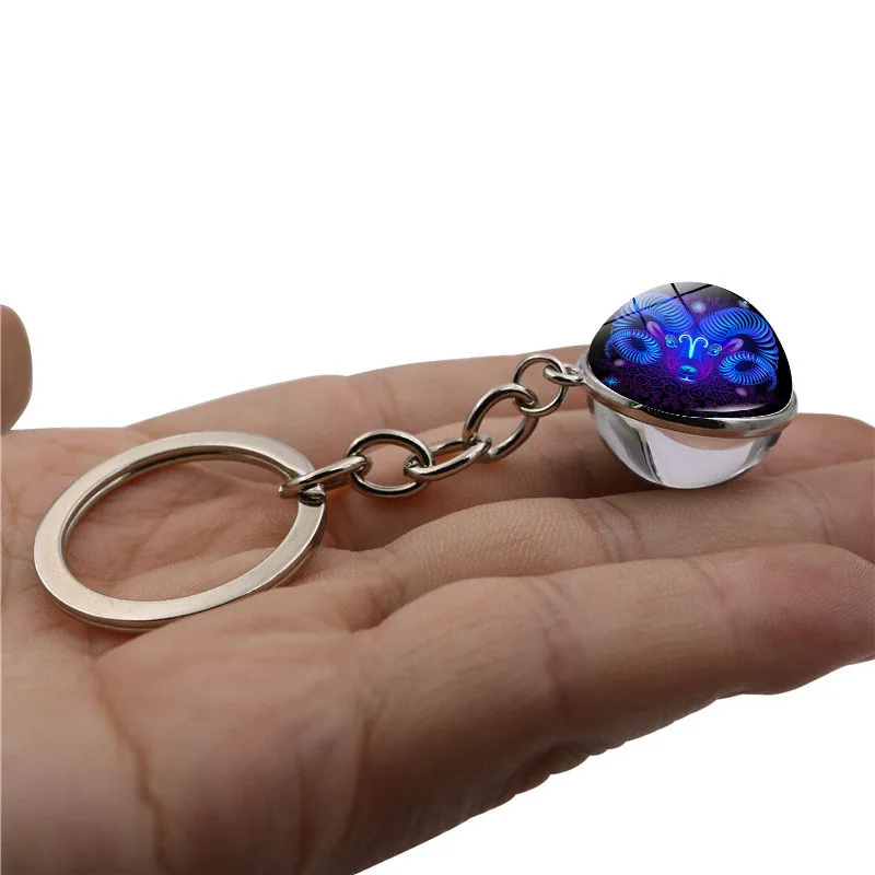 Zodiac Sign Keychain 12 Constellation Leo Virgo Libra Scorpio Sagittarius Keychain Double Side Glass Ball KeyRing Birthday K2419