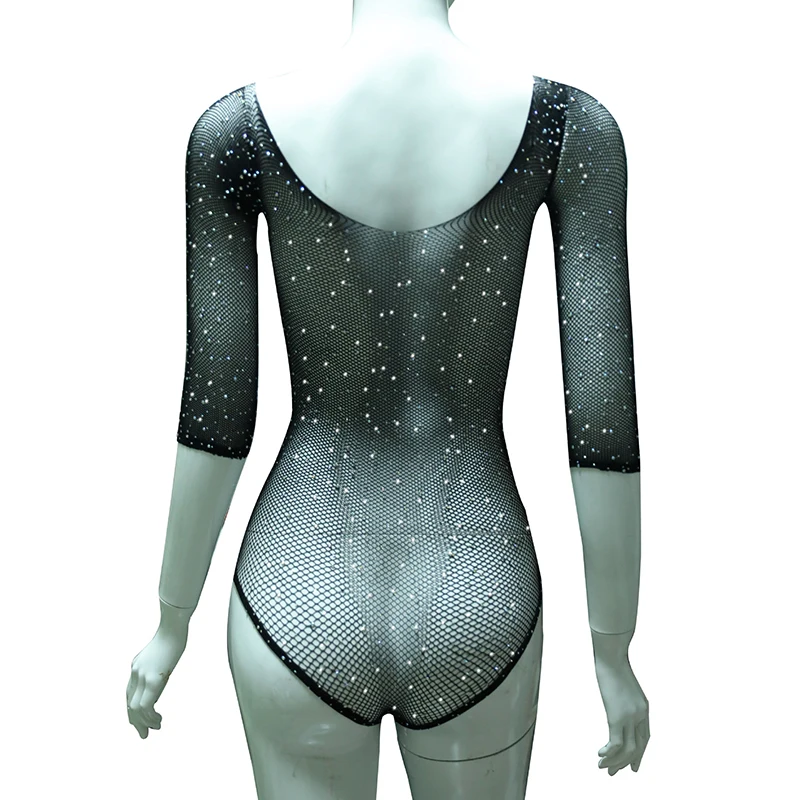 Body de manga larga con diamantes de imitación ostentosos para mujer, Body de rejilla con hombros descubiertos, malla transparente, Bodycon Sexy