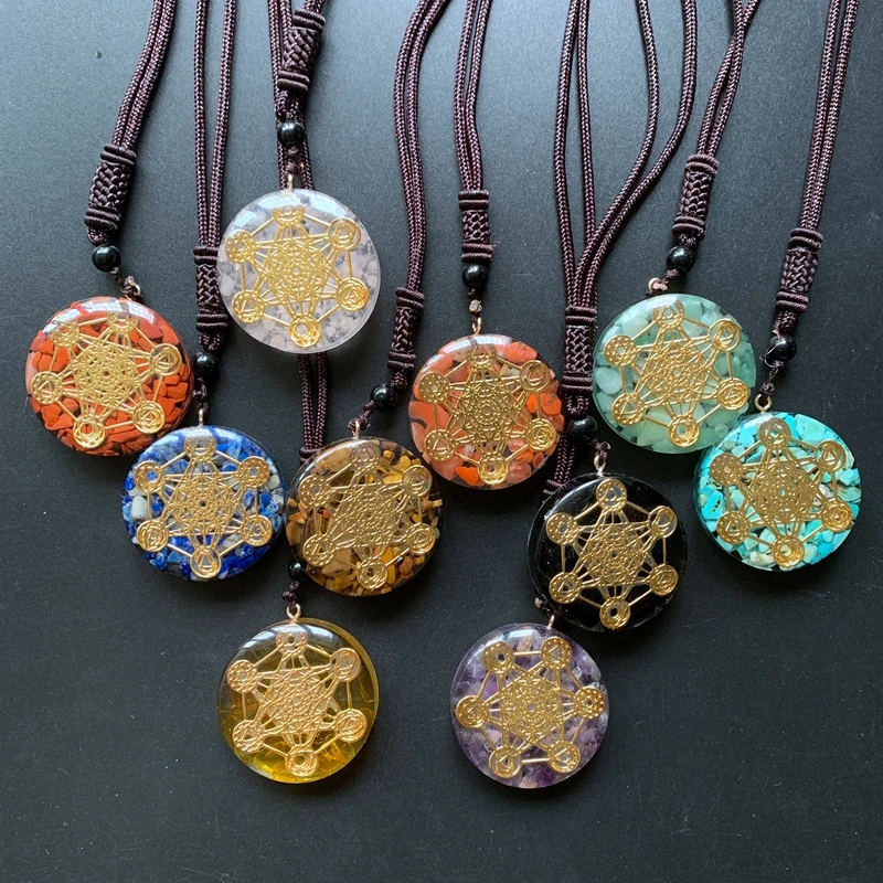 7 Chakra Symbols Reiki Healing Crystal Chips Orgone Pendant Round Resin Necklace Adjustable Chain 1pc