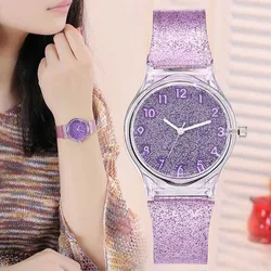 Women Shiny Quartz Watch Silicone Strap Glitter Round Dial Girl Casual Wristwatch FS99