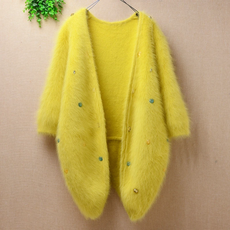 

Winter Yellow women female fashion flutty hair tailcord seven sleeves rabbit fur mink cashmere knitted cope cardigans Jackets