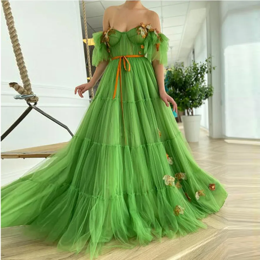 Garden Green Tulle Floral Prom Dresses 2024 A-line Long Pretty 3D Flower Evening Gowns Off The Shoulder Formal Party Dress