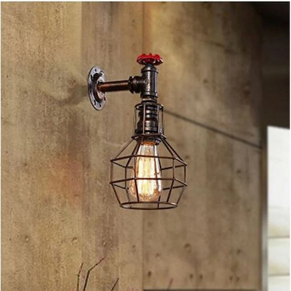 

Water Pipe Wall Light Vintage Industrial Iron Rust Wall Lamps Retro Cage sconce lamp For Loft Living Room Bedroom bar Bedside