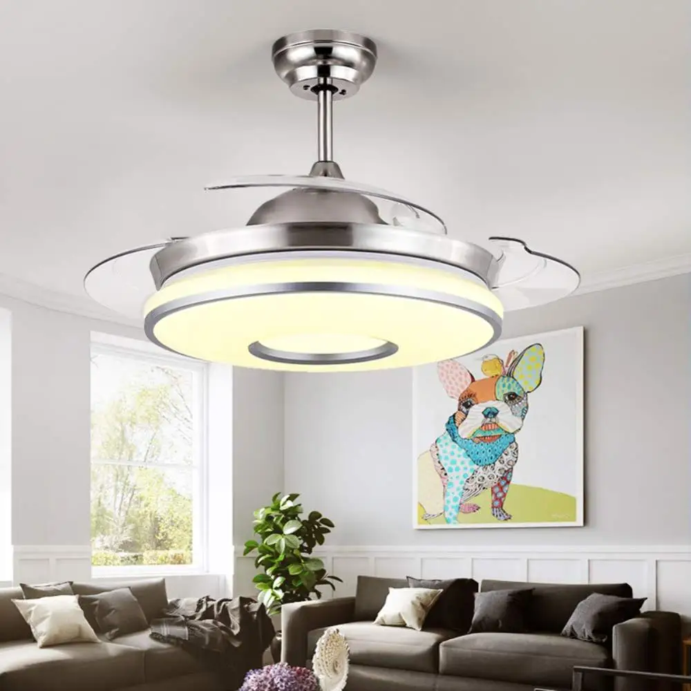 Ceiling Fan with Lights Remote Control Retractable Blades 42” LED Chandelier Three Speeds Three Color Changes Lighting Fixture