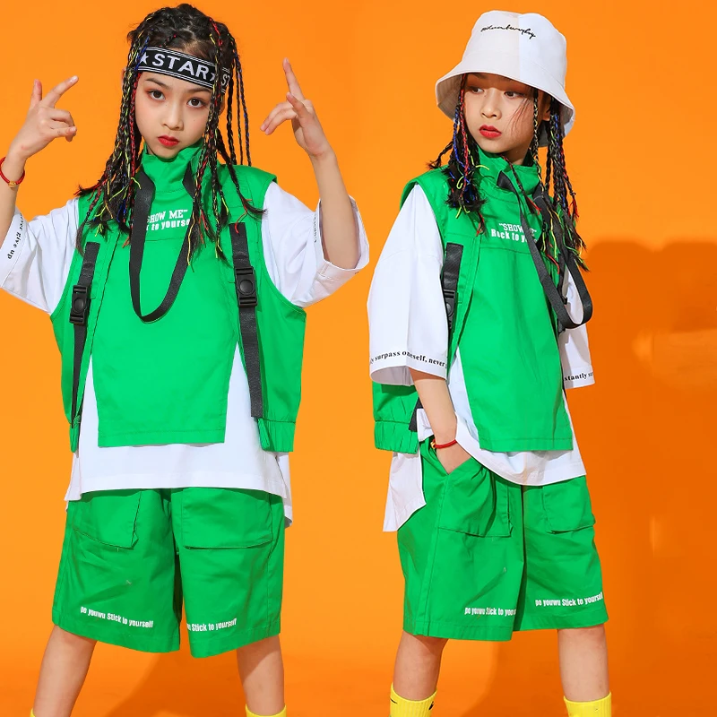 Kid Cool Hip Hop Clothes Loose Vest Tactical Cargo Shorts For Girl Jazz Dance Costume Boys Ballroom Hip Hop Rave Clothes DQS7470