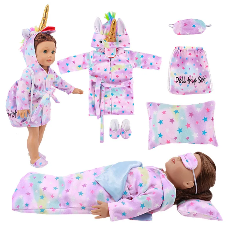 6Pcs Doll Sleeping Bag Bathrobes,Unicorn Jumpsuits,Sleeping Bag,Pillow,Mask,Slipper Fit 18Inch American&43CM Born Baby Girl Toy