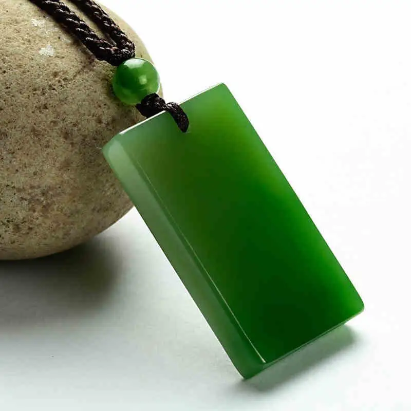 Natural Green Jade Rectangular Smooth Necklace Pendant Women Men Genuine Hetian Jades Stone Charms Amulet Gifts For Ladies