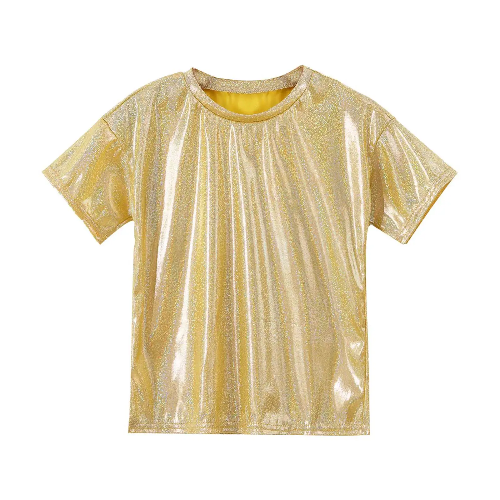 Kids Girls Boys Jazz Dance Tops Metallic Shiny Dancing Clothes Hip-hop Sequins Loose Short-sleeved T-shirts Street Dance Clothes