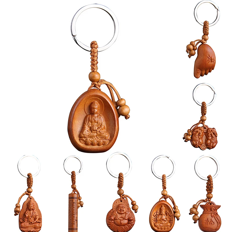 1PC Wood Carving Buddha Pendant Keychain Lucky Jewelry Buckle Unisex Chinese Buddha Keyring For Car Bag Wholesale