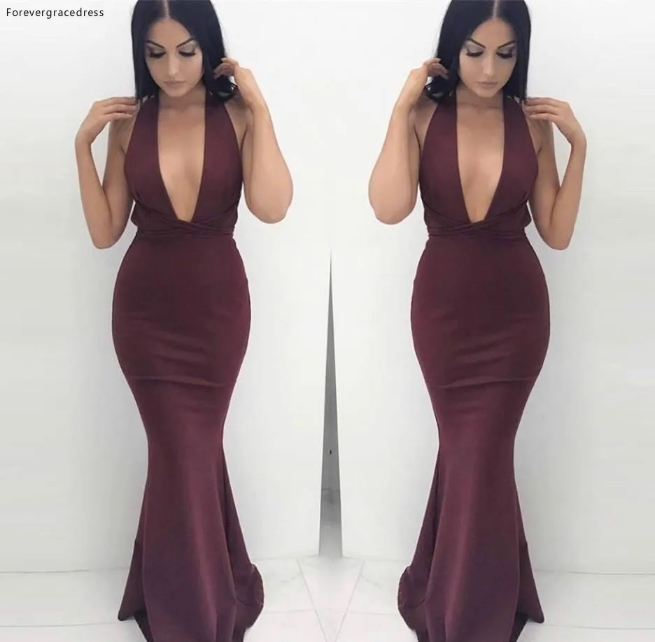 

Mermaid Evening Dress Deep V Neck Halter Formal Holidays Party Gown Custom Made Plus Size