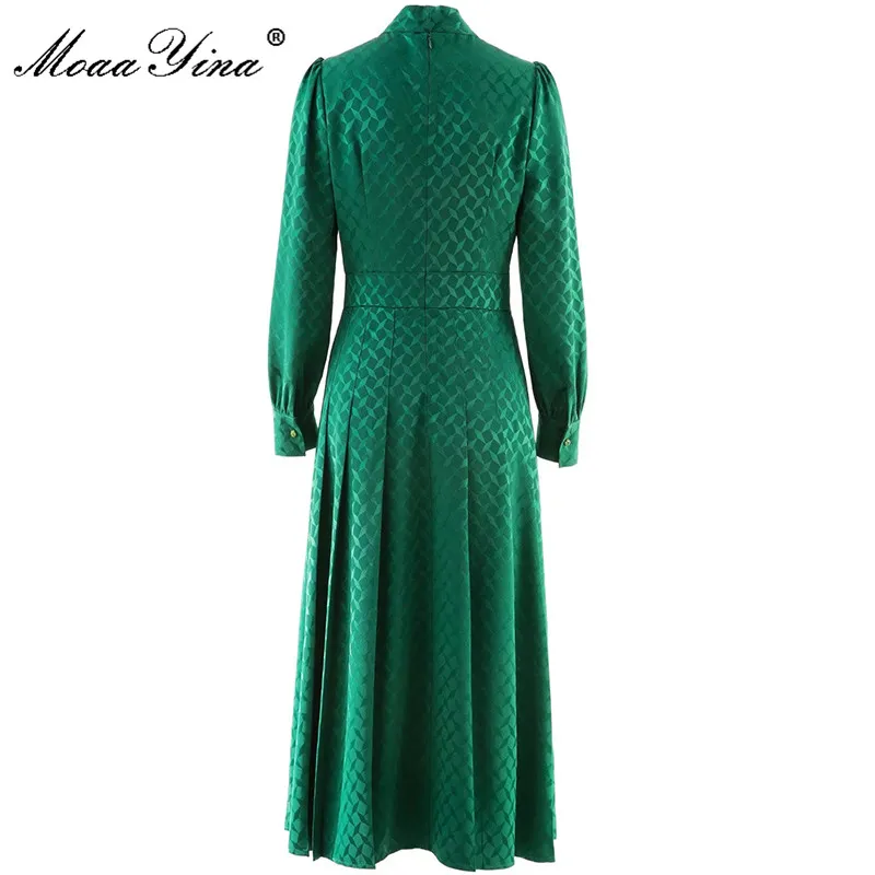 MoaaYina Fashion Designer dress Spring Women Dress Long Sleeve A Row Of Buttons Emerald Vintage Party Ankle-Length Dress