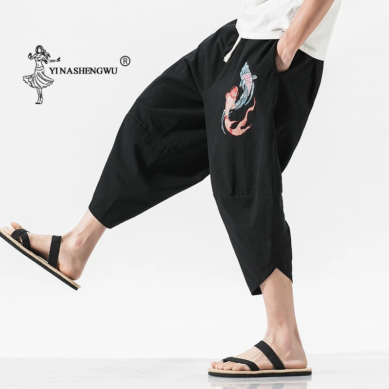 Kimono Pants Casual Loose Seven-point Trousers Japan Kimono Traditional Print Pants Haori Pants Asian Costume Kimono Yukata Men