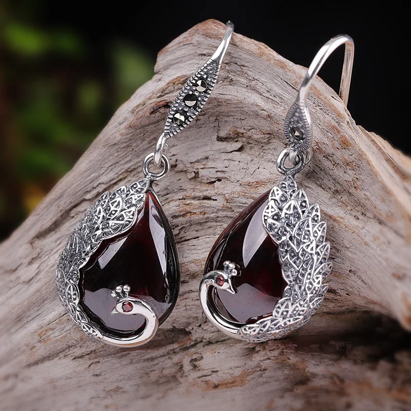 

Uglyless Ethnic Thai Silver Phoenix Peacock Earrings Women Water Drop Chalcedony Garnet Earrings Real 925 Silver Brincos E1728