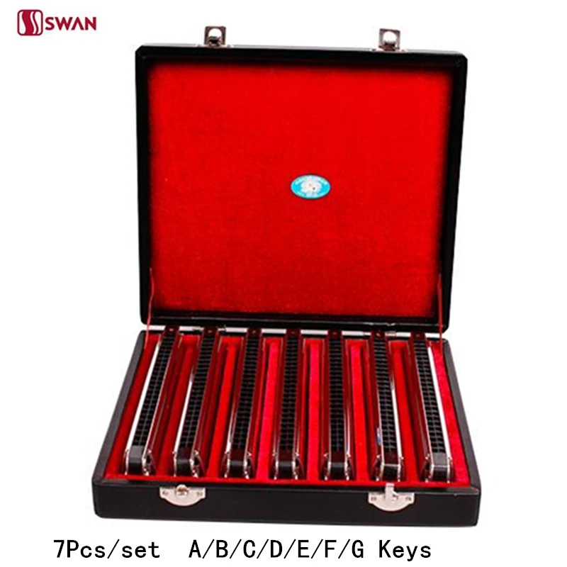 

7Pcs/set Swan Harmonica 24 Hole Tremolo Harp A/B/C/D/E/F/G Keys Woodwind Musical Instrument Mouth Organ with Gift Box Gaita