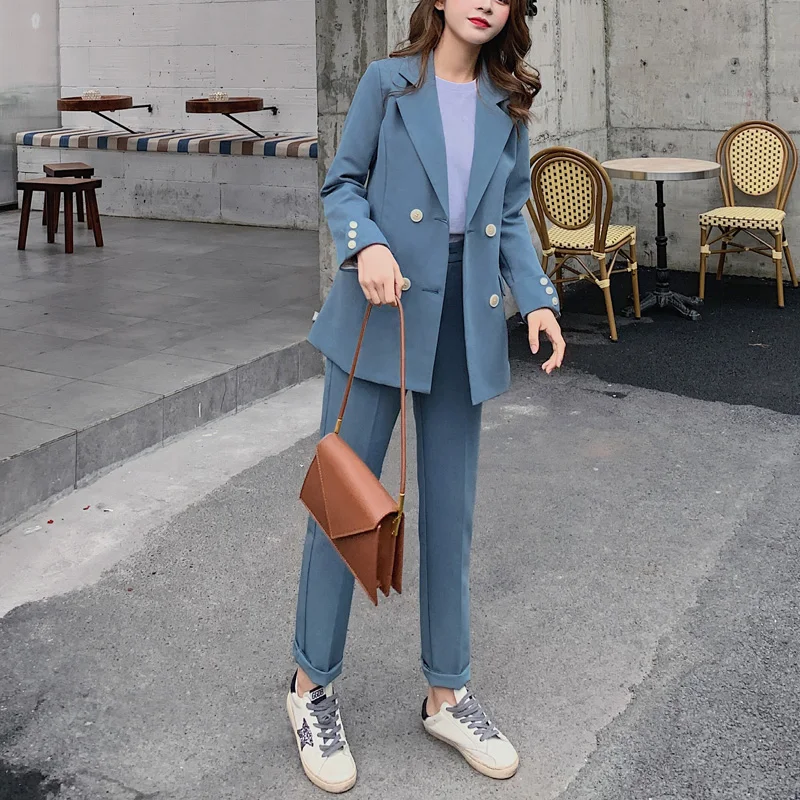 BGTEEVER Fashion Women Blazer Suits Long Sleeve Double- breasted Blazer Pants Suit Office Ladies Two-piece Blazer Sets