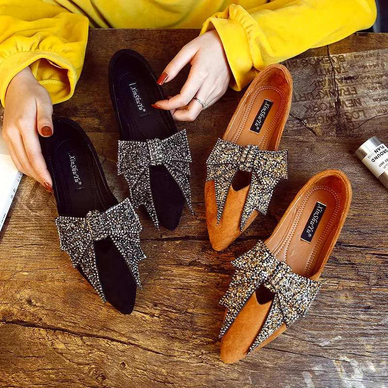 

Pointed Toe Casual Loafers Women Butterfly Knot Flock Women Flat Shoes Slip On Black Footwear Comfortable Shoes