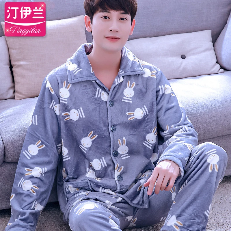 H5873 Men Pajamas Set Thickened Flannel Long Sleeve Nightgown Autumn Winter Coral Velvet Home Clothes Plus Size Loose Sleepwear