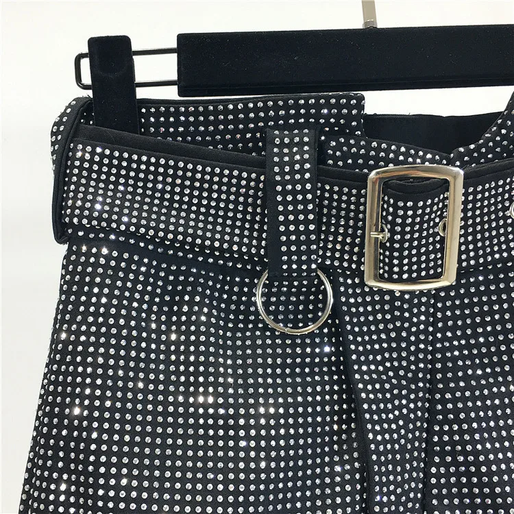 2023 spring Autumn New High Quality Women Above Knee Length Short Mini Black Rhingstone Skirt With Belt U922 