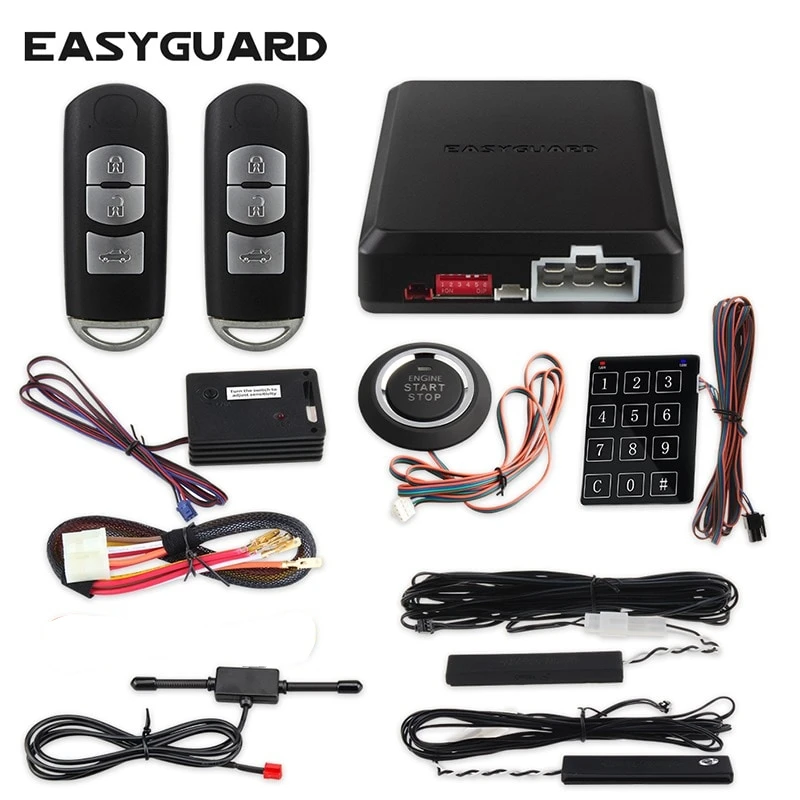 

EASYGUARD PKE car alarm system remote central lock system start stop button keyless go rolling code remote starter shock sensor