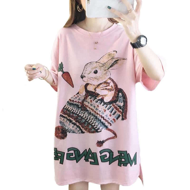 Zuolunouba Summer Casual Women T Shirt Print Carrot Rabbit Knitted Hat Female T-shirt Tops Mid-length Loose Short Sleeves Tees