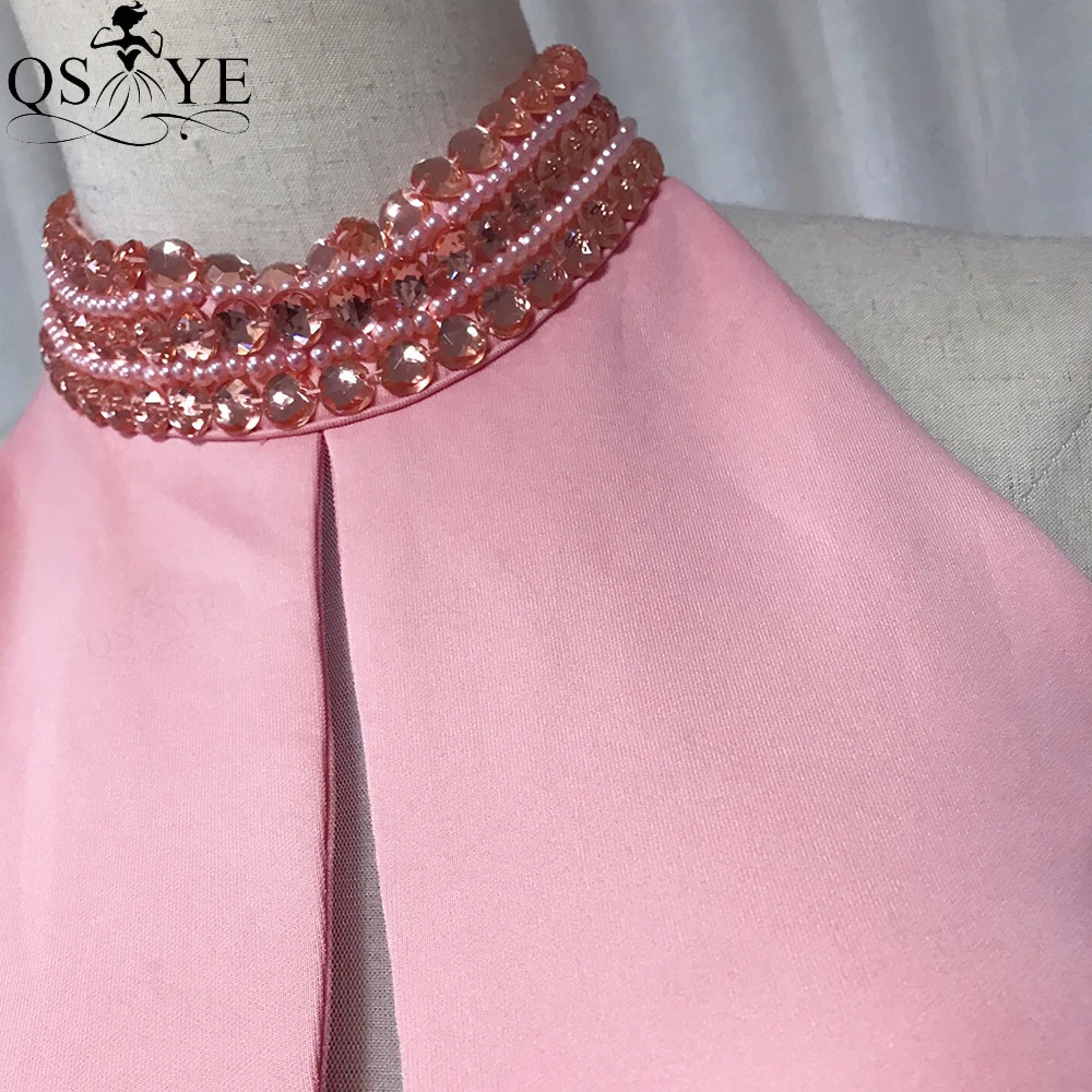 QSYYE Pink Evening Dresses Elastic Beading High Neck Mermaid Evening Gown Crystals Party Dress Split Basque Waist Formal Dress