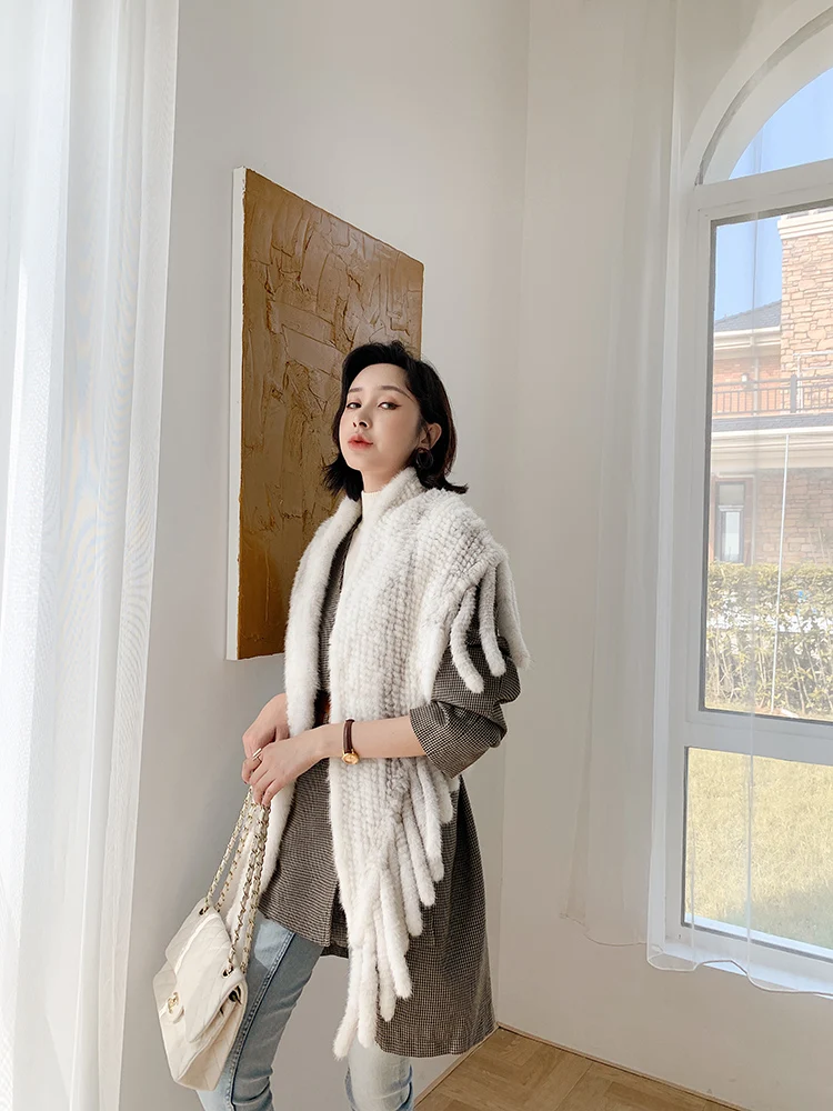 New Fashion Women Genuine Real Mink Fur Shawl Scarf with Tassle Gray Cape Lady Elegant Wraps Dropshipping