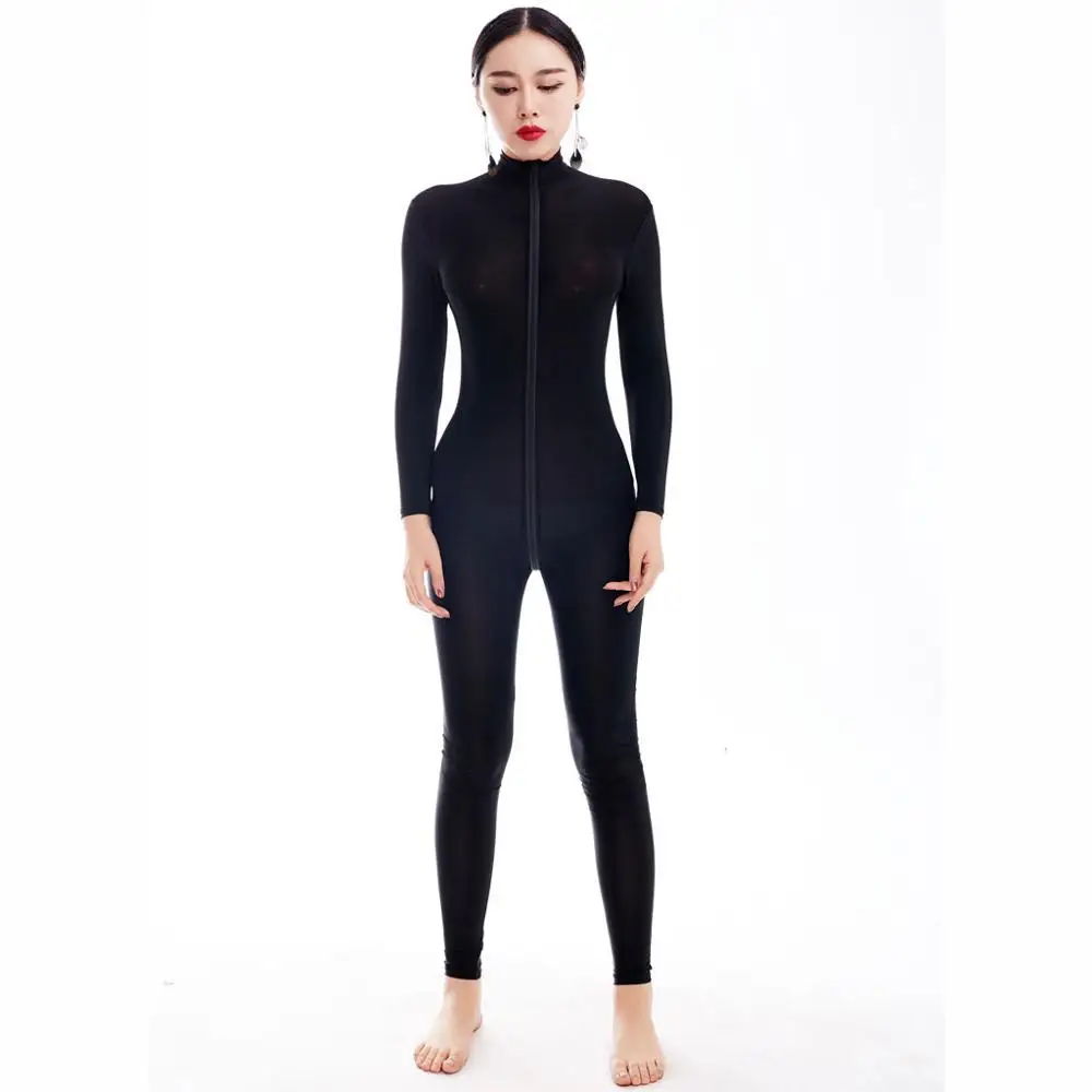 Băng Thun LụA Tay Dài Dây Kéo Đôi Mở Đáy Quần Bodysuit Thun Bodystocking Sexy Quyến Rũ Gợi Tình Đầm Bodycon Jumpsuit