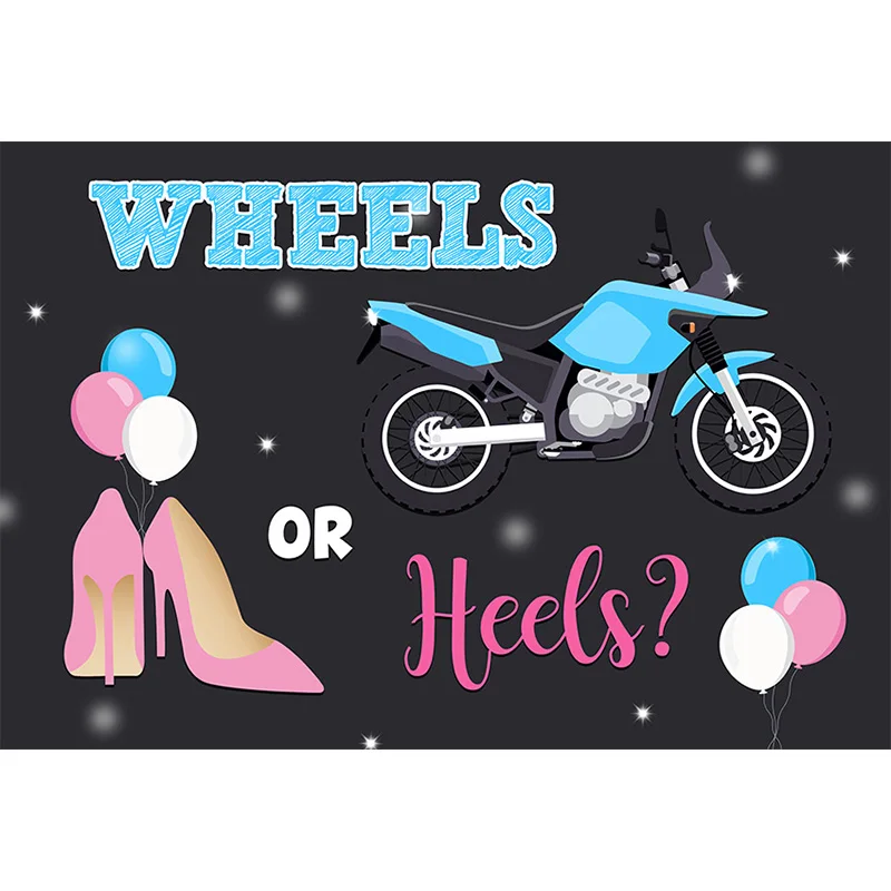 Gender Reveal Party Backdrops Baby Shower Wheels Or Heels Pink Blue Boy Or Girl Balloon Photography Background Props Photophone