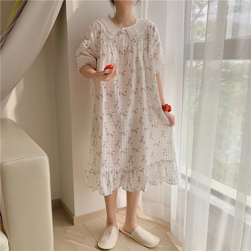 

Japanese nightdress female cotton linen cute girl floral thin home service short-sleeved dress white elegant sleep dress robe