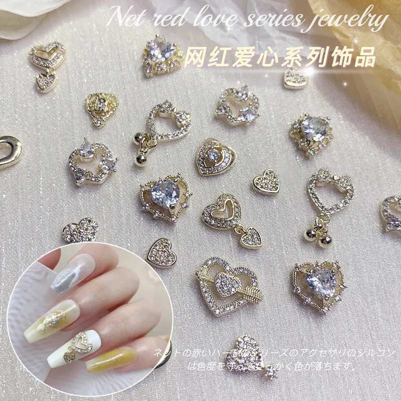 10pcs/lot 3D Heart Love Bow Zircon Alloy Crystals Rhinestones Nail Art Decorations Decor Nails Accessories Parts Supplies Charms