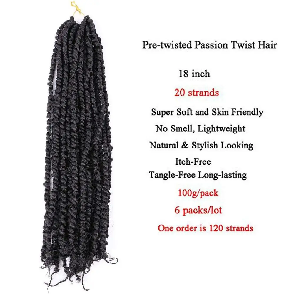 O cabelo da torção da paixão do crochê pretwisted 18 polegadas 20 raízes/pacote a paixão torce extensões do cabelo do crochê