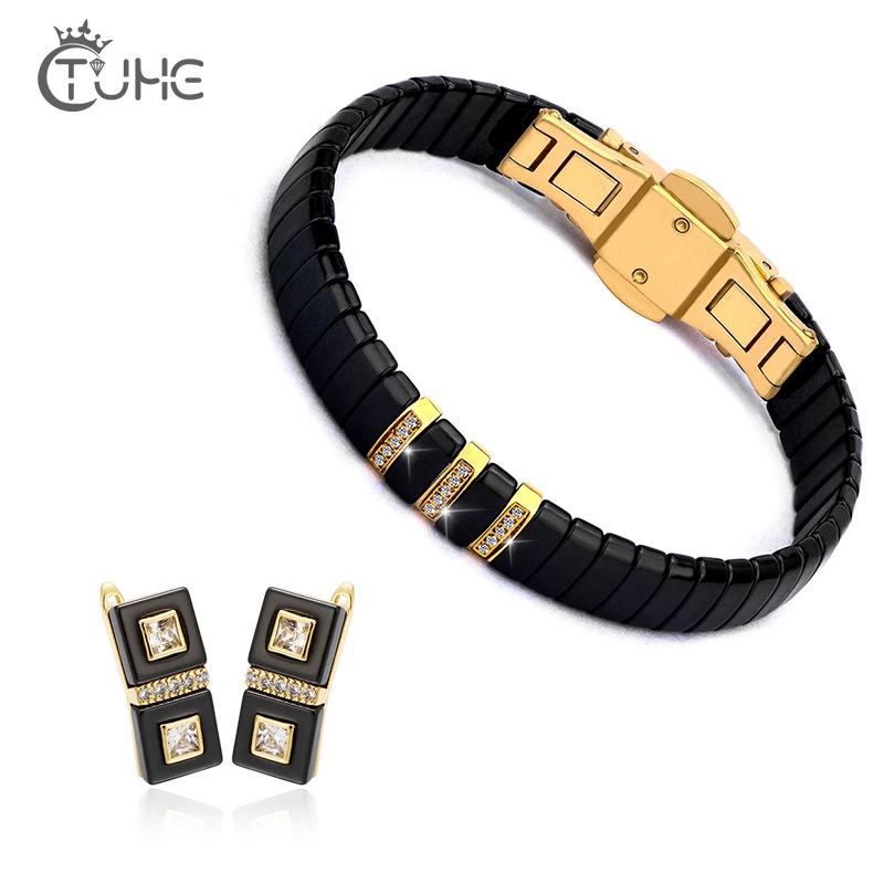 Fashion Women Ceramic Jewelry Set White Black Ceramic Earrings And Classic Bracelet Gold Color Stainless Steel Wedding Jewllery