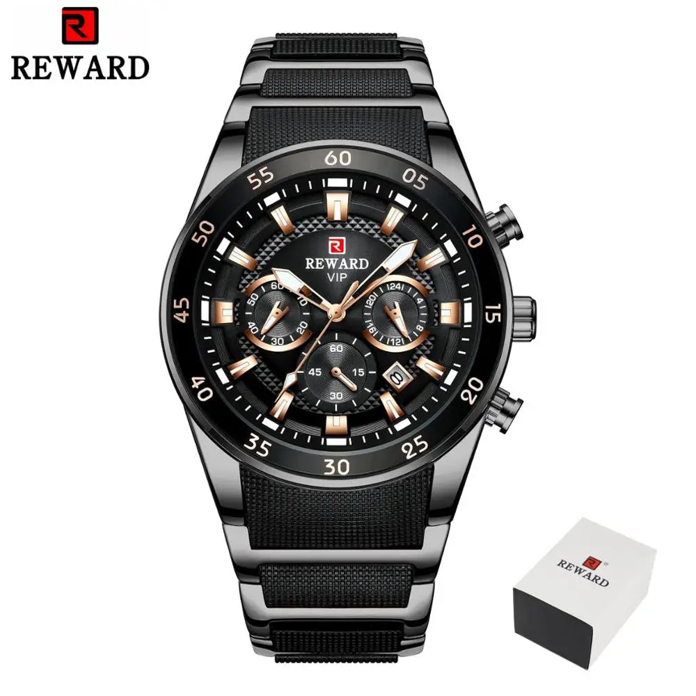 REWARD New Sport Watches for Men Fashion Stainless Steel Quartz Watches Waterproof Chronograph Wrist Watches Male
