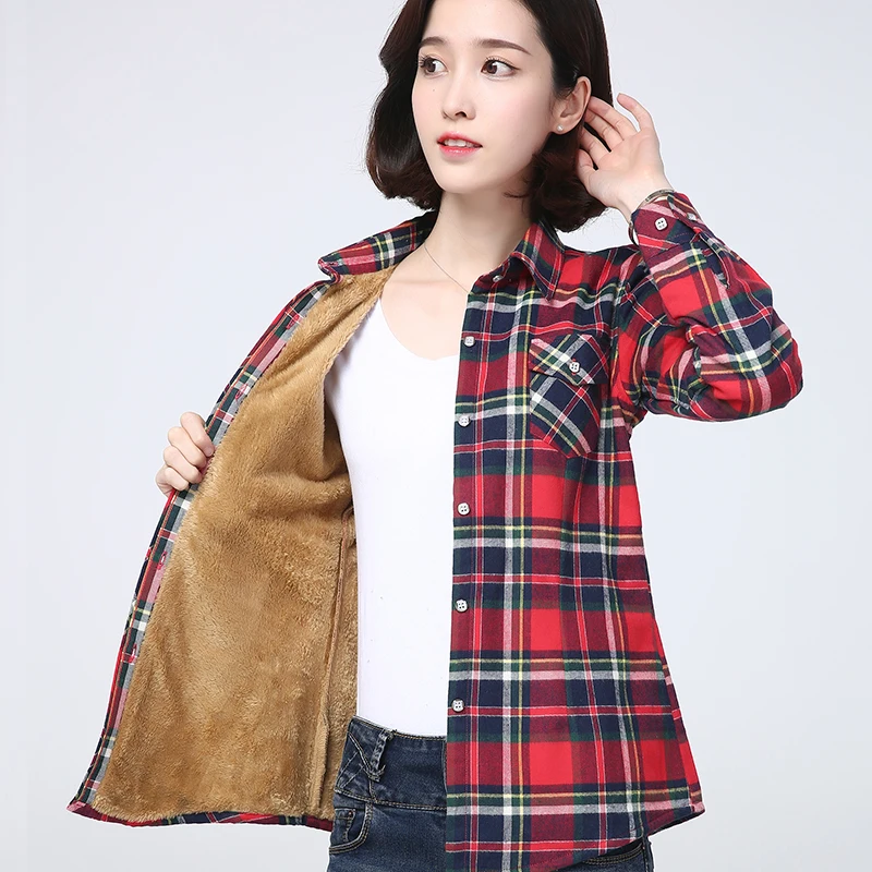 2023 Winter New Women\'s Warm Plaid Shirt Coat Casual Fleece Velvet Plus Thicke Tops Brand College Style Woman Clothes Outerwear