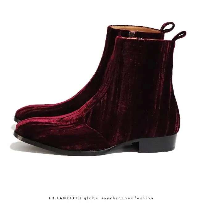 Wine Color Velvet Top Quality Fashion Boy Men Chelsea Boots Ankle Boots Flats Side Zipper Euro size 45 46 shoes women